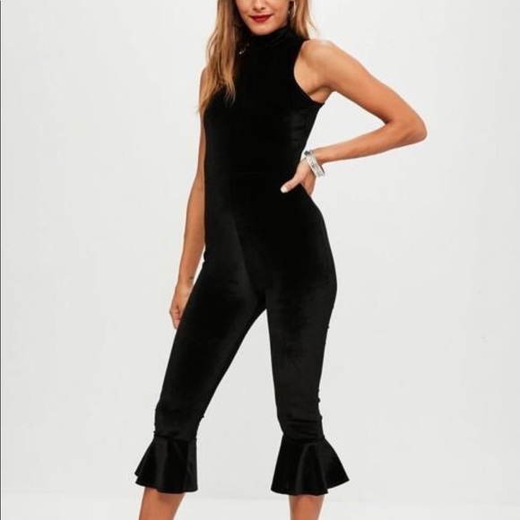 Black Velvet High Neck Ruffle Leg Jumpsuit - Picture 2 of 7